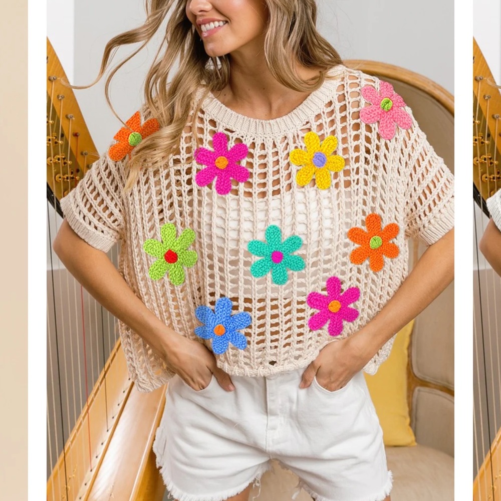 BiBi Crochet Top with Multi-Color Floral Appliques